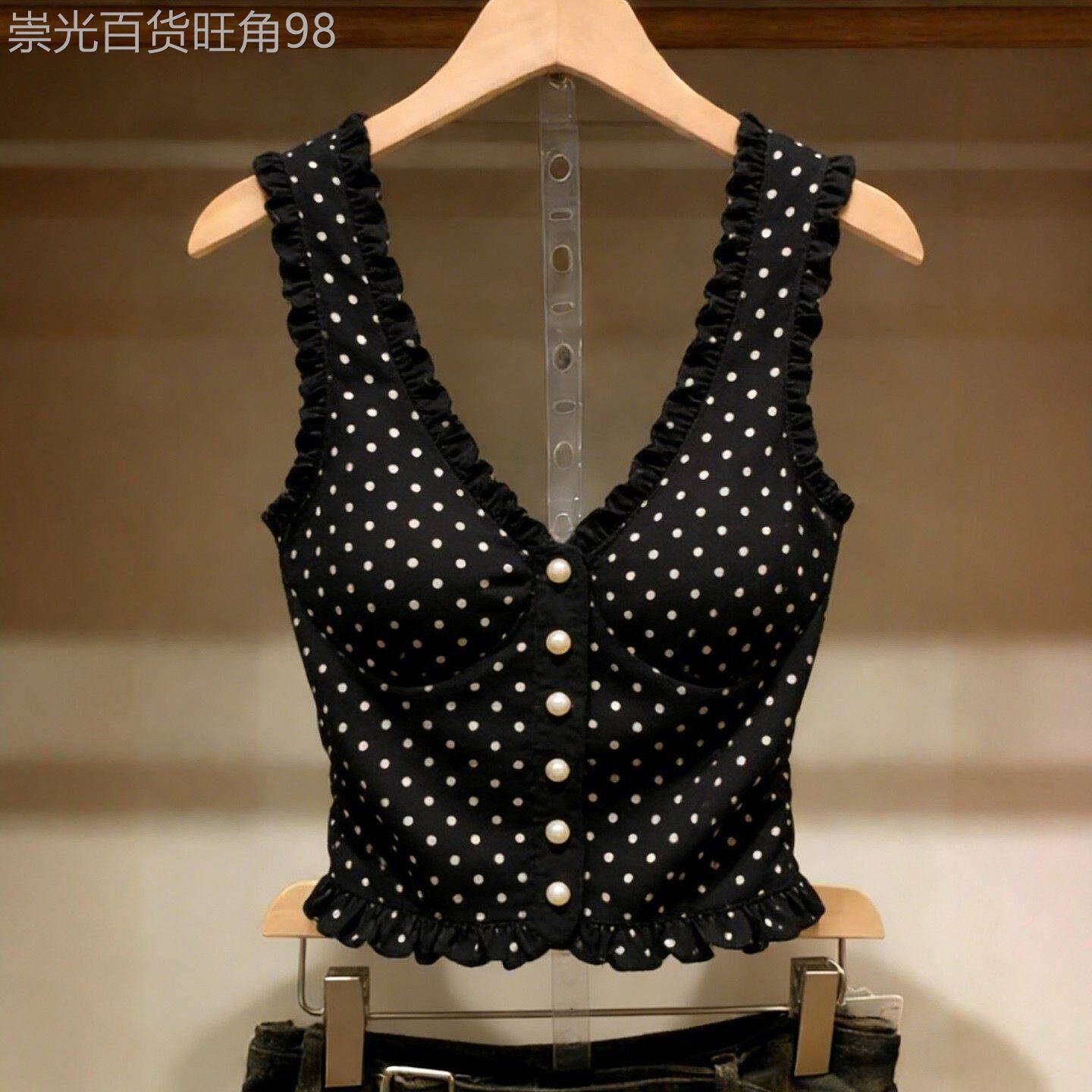 黑色波点小香风吊带背心女带胸垫海百纳三亚旅游洋派性感无袖上衣