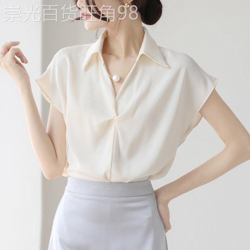 白衬衫桑蚕丝短袖女夏季新款薄款气质设计感小众内搭V领衬衫上衣