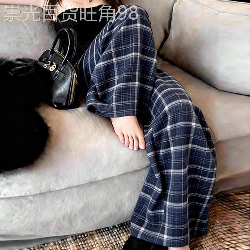 蓝色格子休闲裤子女2026春季新款宽松慵懒垂坠高级感直筒阔腿长裤