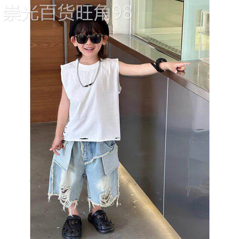 韩国Uamtor夏天男童套装白色t恤男宝背心痞帅牛仔裤男孩韩系穿搭