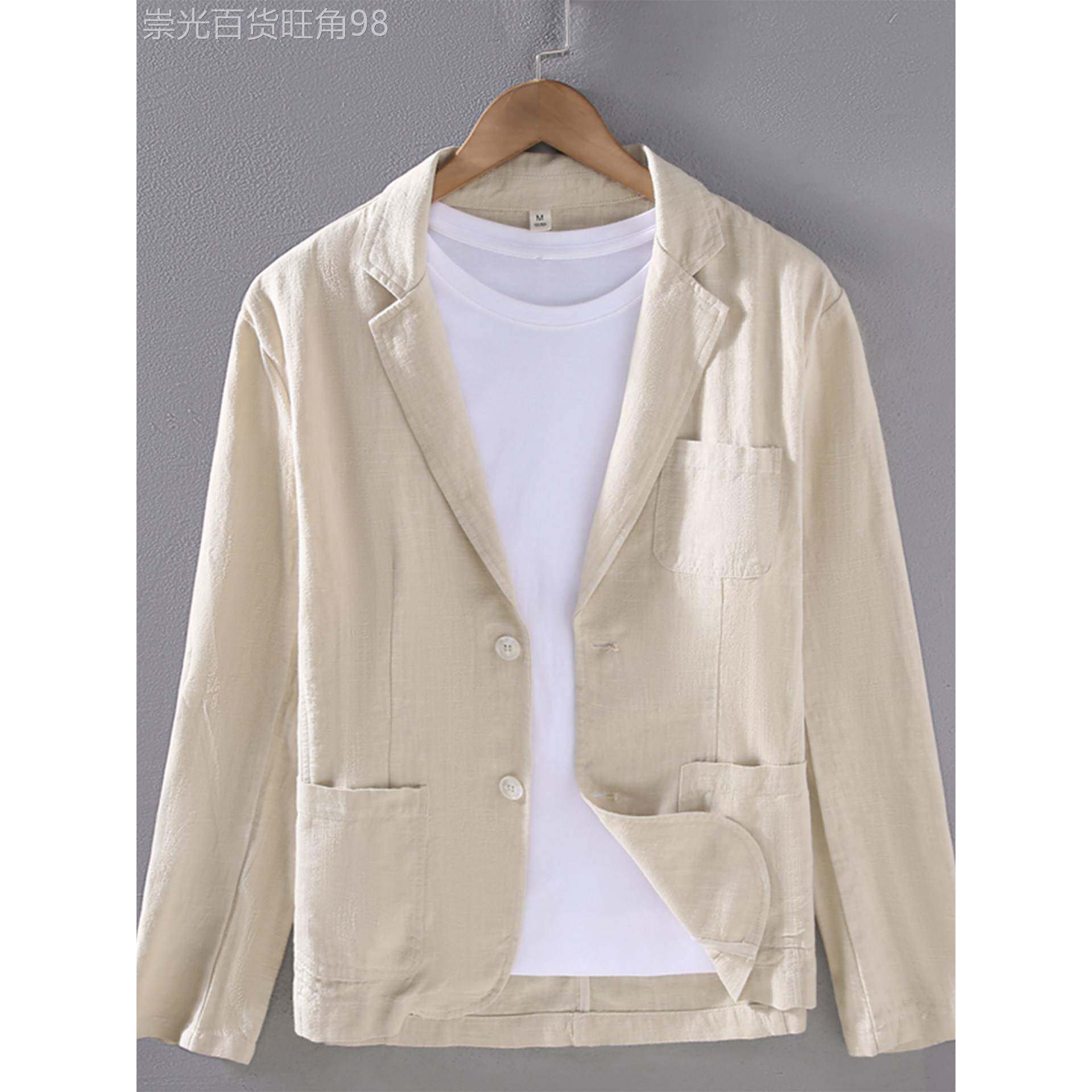 MK正品棉麻百搭西服外套男春秋季高端商务休闲多口袋男士单西西服