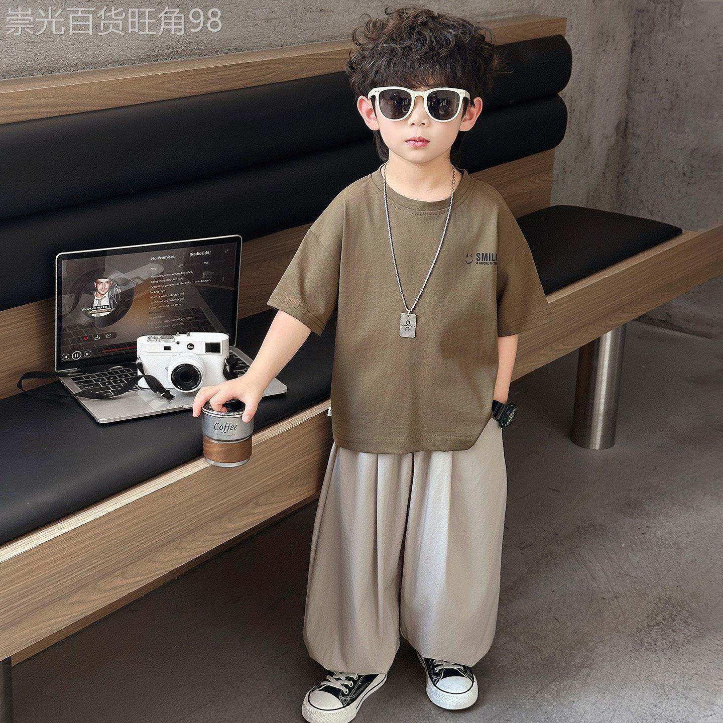 英国DGKP男童短袖套装夏季韩版儿童T恤防蚊长裤洋派男宝宝两件套