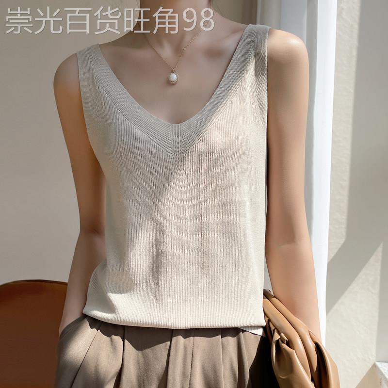 V领冰丝针织吊带背心女夏季薄款新款韩版修身洋气百搭无袖上衣