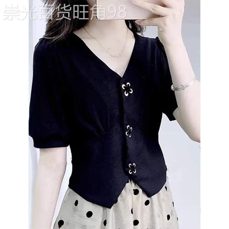 设计感泡泡袖V领衬衫女夏季新款时尚显瘦小个子洋派百搭别致上衣