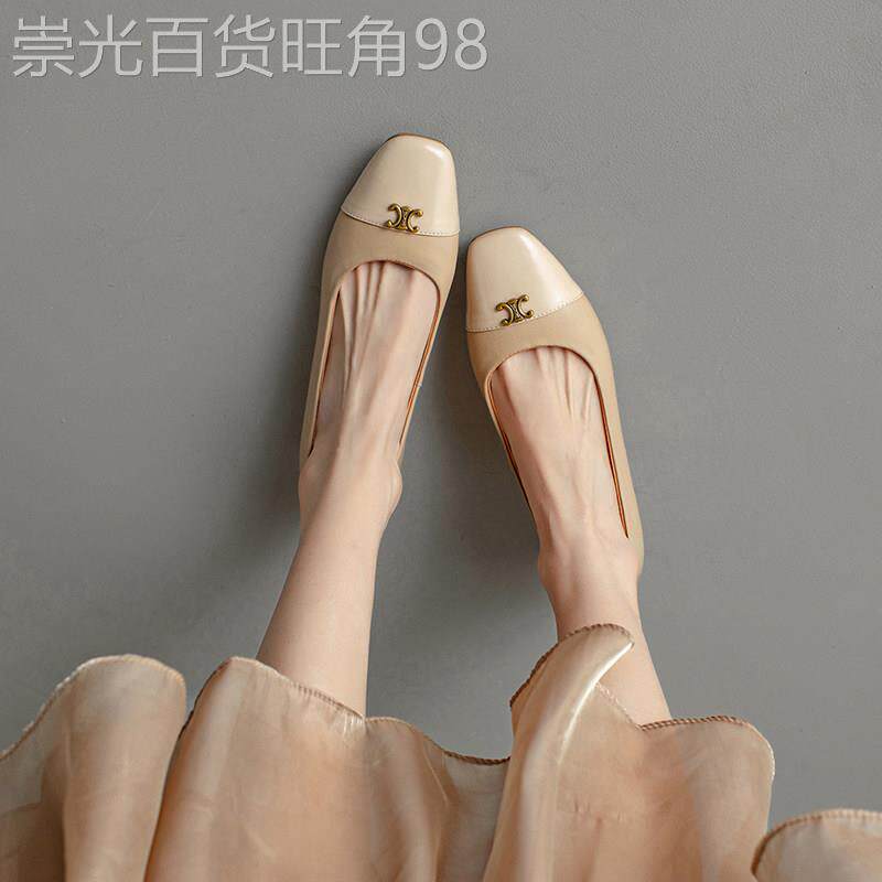 香港法式复古小牛皮鞋女秋季气质优雅金扣方头浅口低跟平底单鞋潮