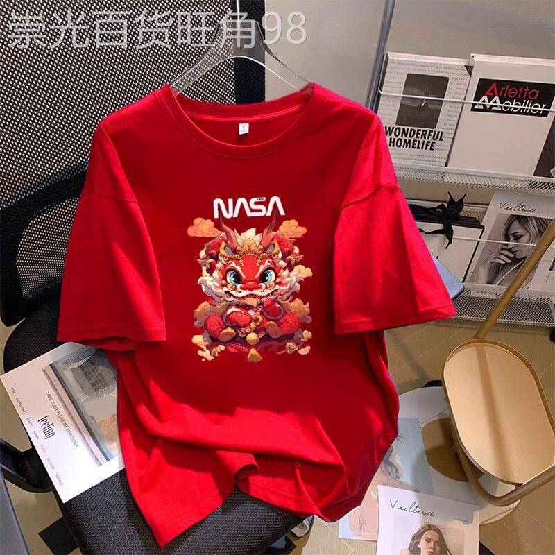 红色正肩短袖T恤女士春夏新款大码宽松国风印花纯棉圆领体恤上衣