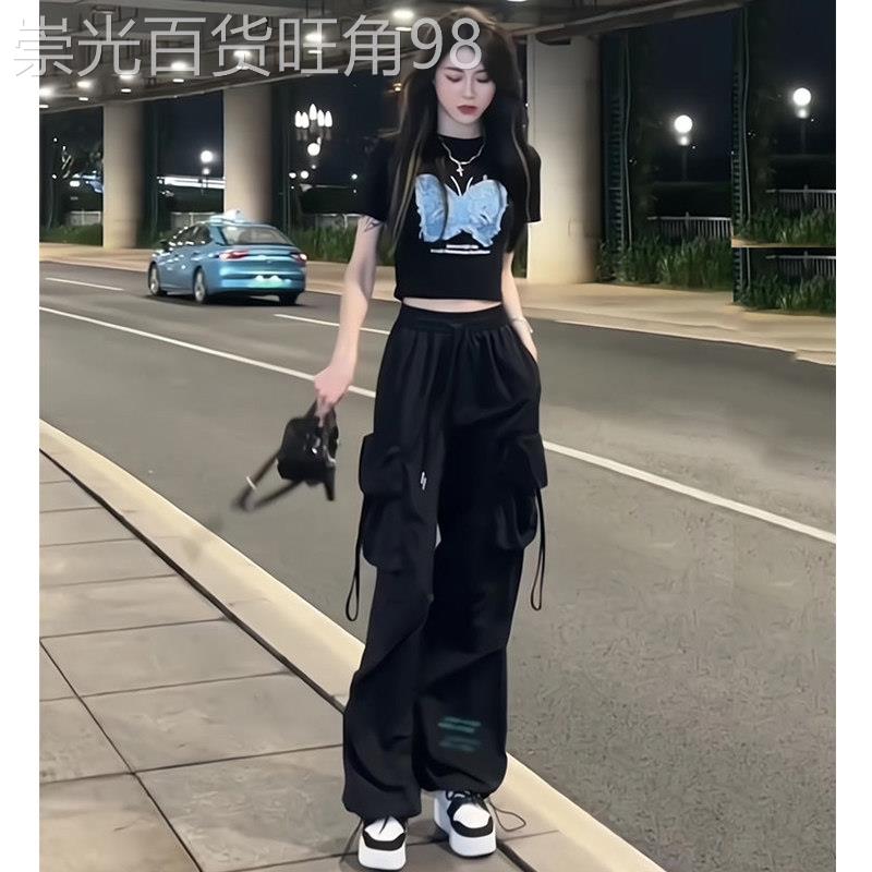 休闲套装女夏季2025年新款韩版洋气美式短袖t恤工装阔腿裤两件套