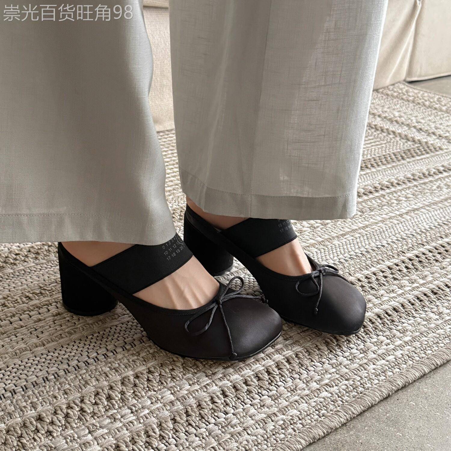 暗夜少女~ 韩版复古蝴蝶结绸缎包头拖女方头粗跟高跟半拖鞋夏外穿