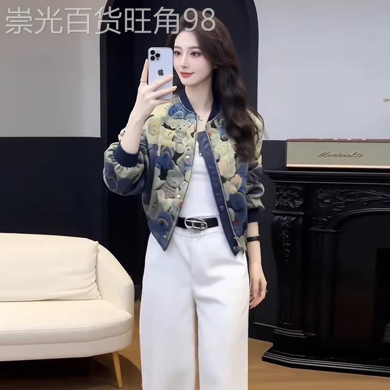 香港代购时尚复古印花短款外套女春季新款显瘦百搭棒球服夹克上衣