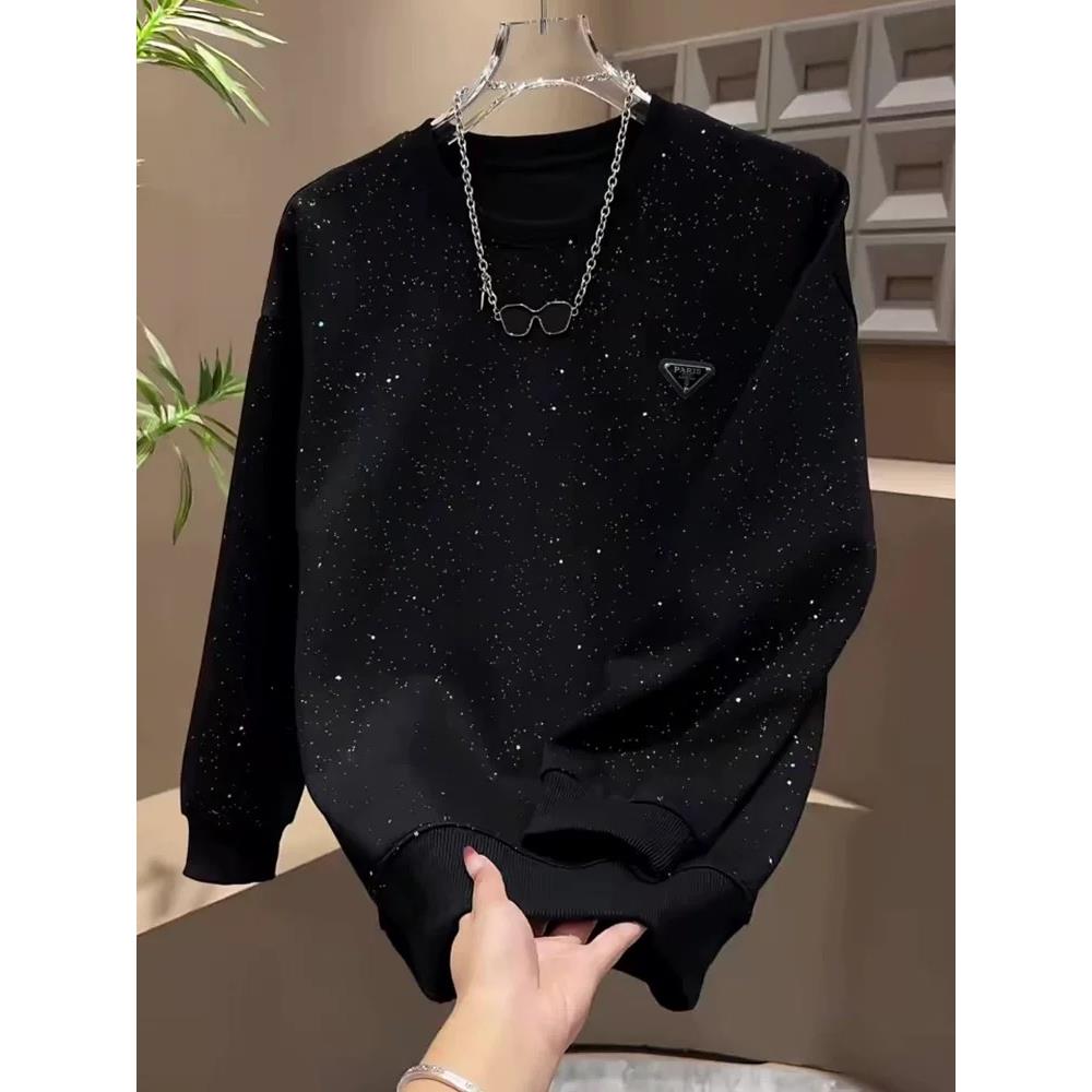 香港潮牌今年秋冬流行爆款美式网红金属三角标满天星长袖卫衣男女