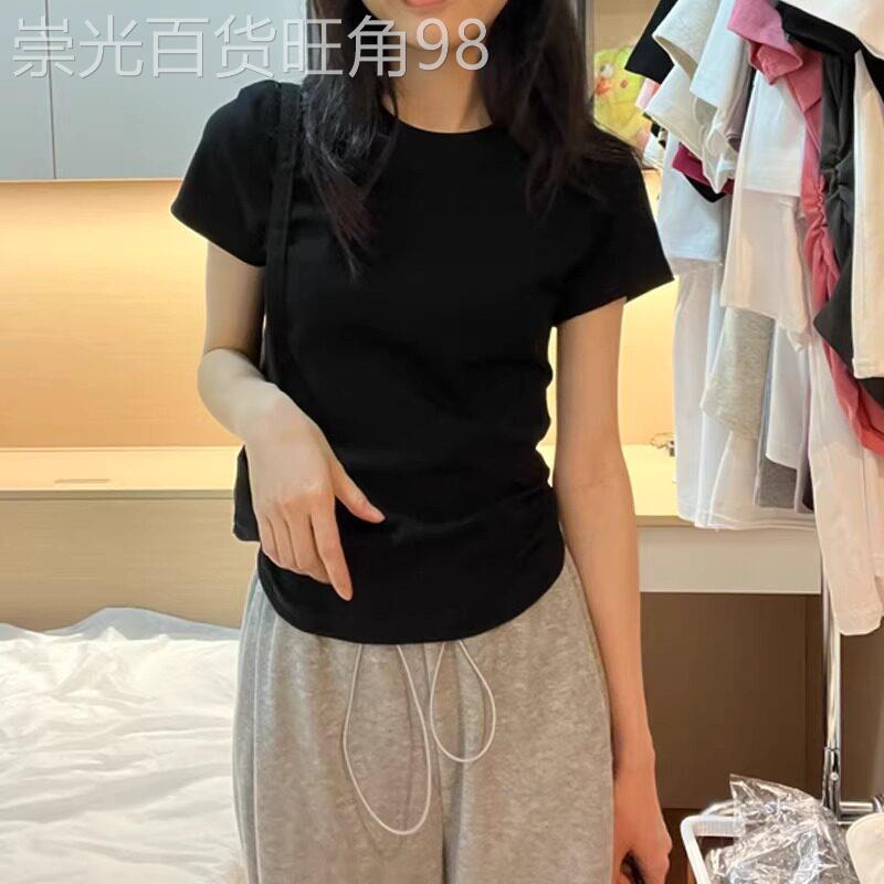 正肩短袖t恤女夏季薄款2026新款修身显瘦百搭休闲黑色打底衫上衣