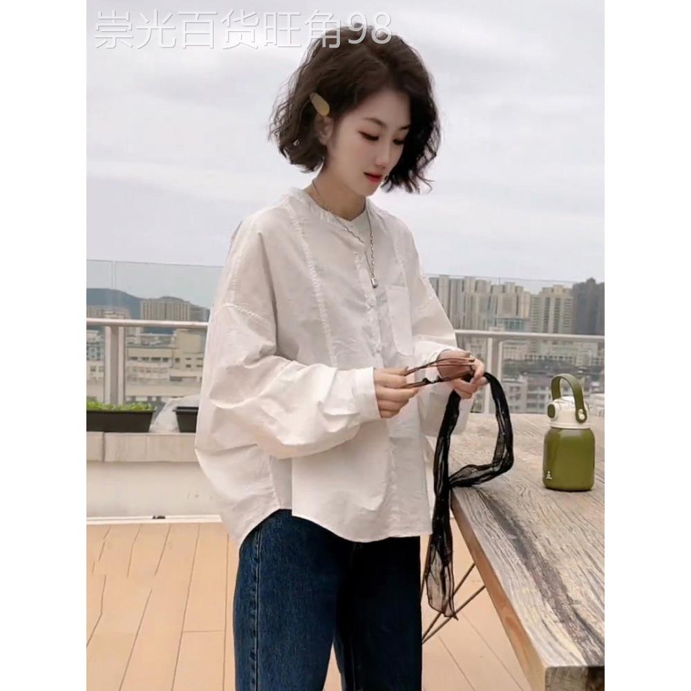 潮牌韩版圆领落肩袖衬衫女2025春秋高级感小众独特超好看棉质衬衣
