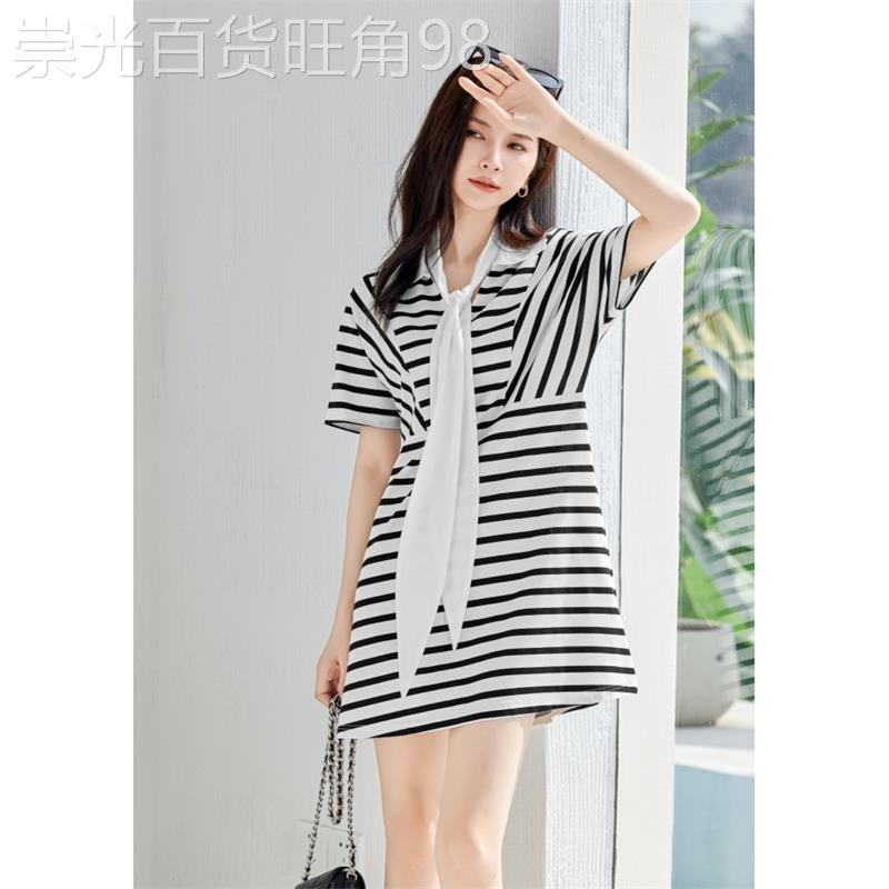 条纹针织洋装女夏薄款2026新款韩版时尚宽松减龄显瘦休闲T恤裙