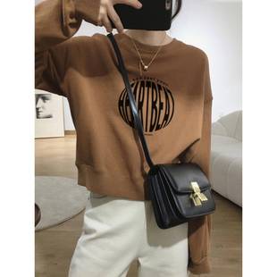 棕色圆领卫衣女春秋季新款2025设计感小众宽松韩版休闲短款上衣潮