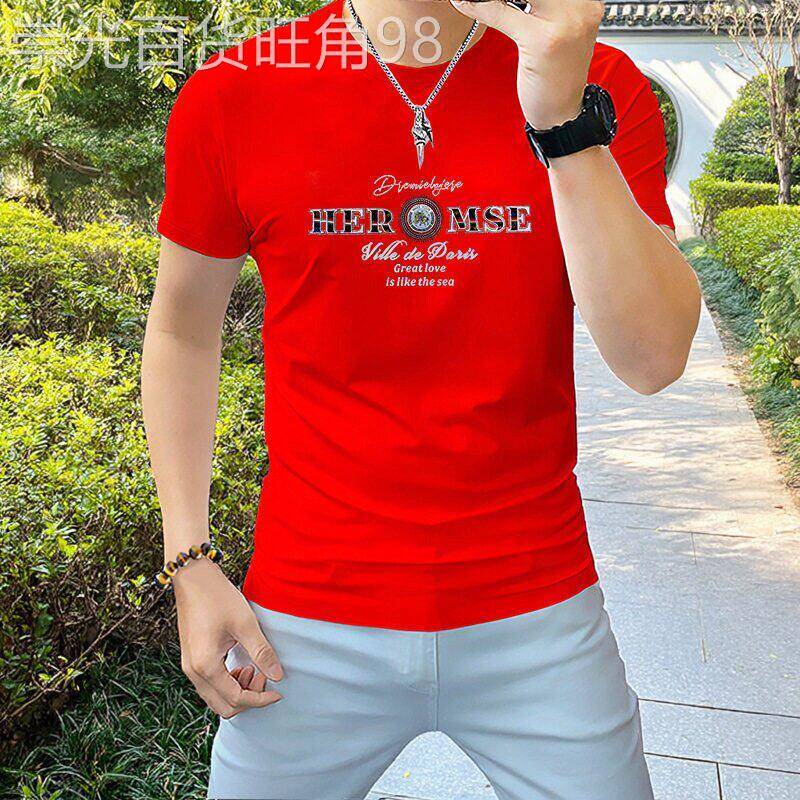 欧洲站时尚潮流短袖T恤男士夏季修身圆领休闲个性印花高级感上衣