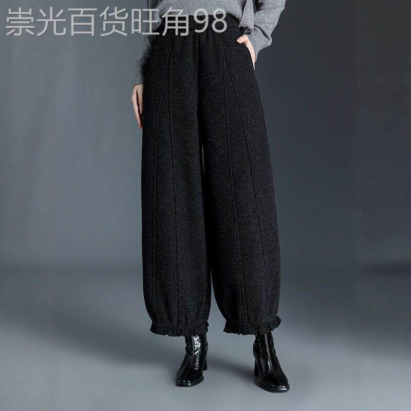 厚款毛呢花苞裤九分裤女秋冬2025新款松紧腰宽松遮肉阔腿休闲裤子