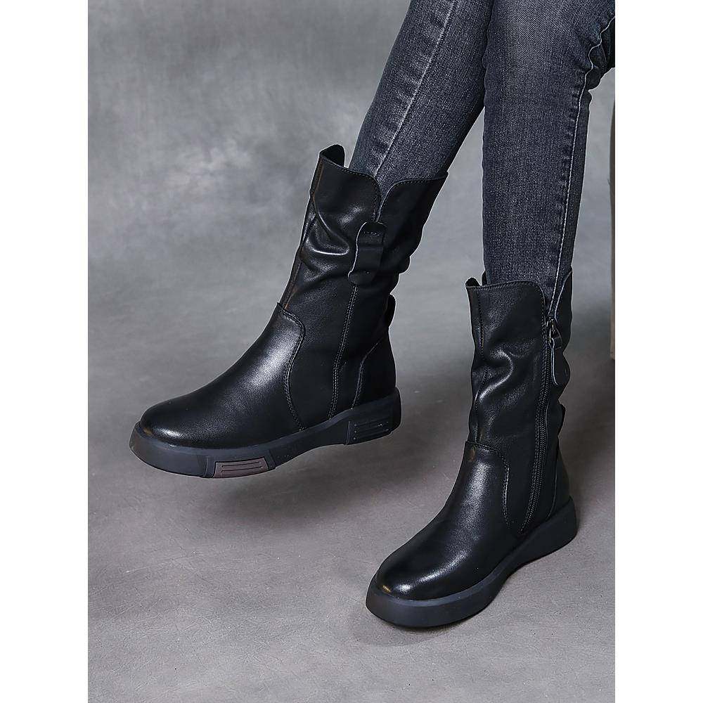 动力足女鞋秋冬全牛皮靴子女中筒靴真皮平底覆古调加绒平跟马丁靴