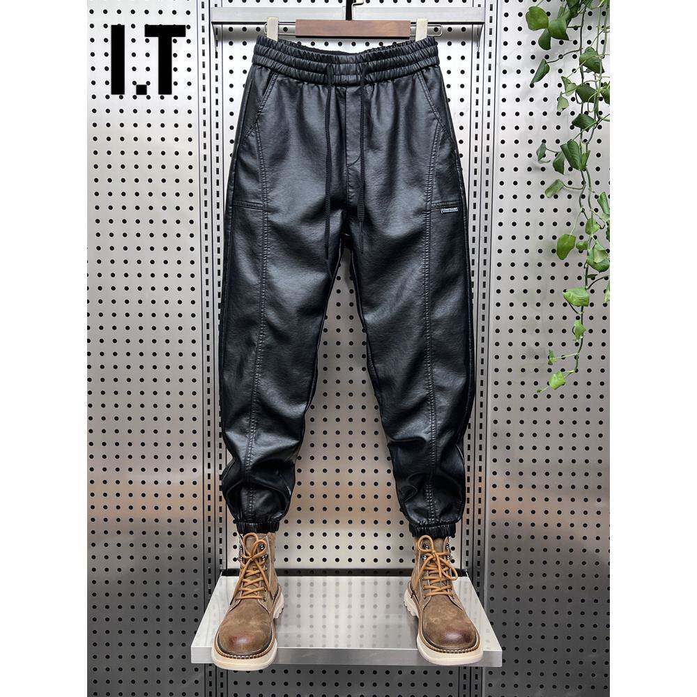 潮牌秋冬款加绒加厚真皮皮裤男士骑手防水防风保暖拼接束脚休闲裤