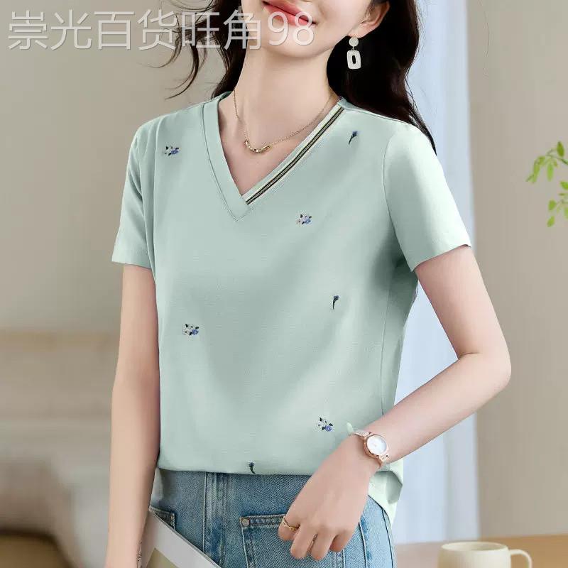 v领正肩短袖t恤女2026新款夏季高端女装爆款洋气显瘦套头纯棉上衣