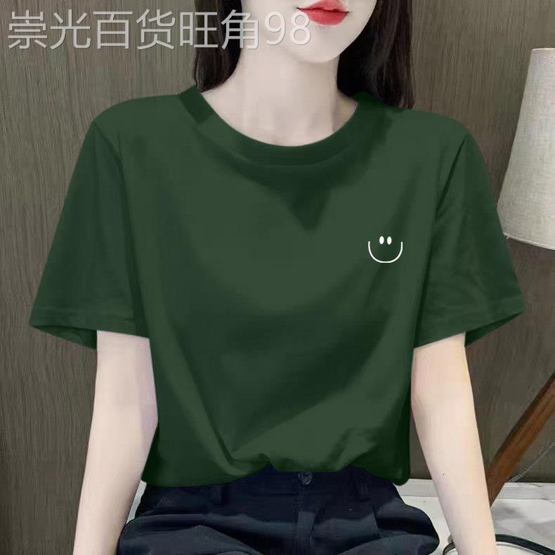 墨绿色纯棉短袖t恤女夏装2025新款宽松正肩休闲显瘦百搭半袖上衣