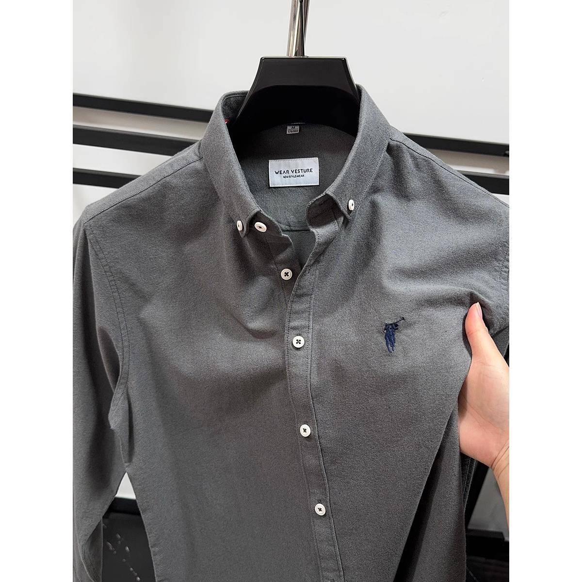 棉中奢品！100%纯棉衬衫男长袖2025新款春秋休闲刺绣纯色衬衣薄