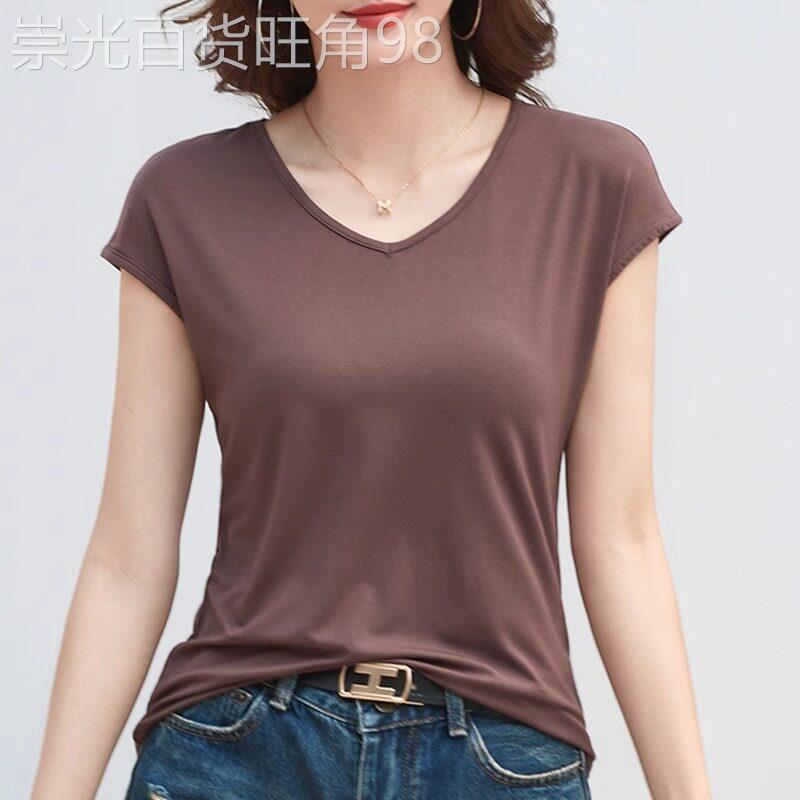莫代尔无袖t恤女夏季薄款V领短袖上衣宽松大码背心洋气纯色打底衫