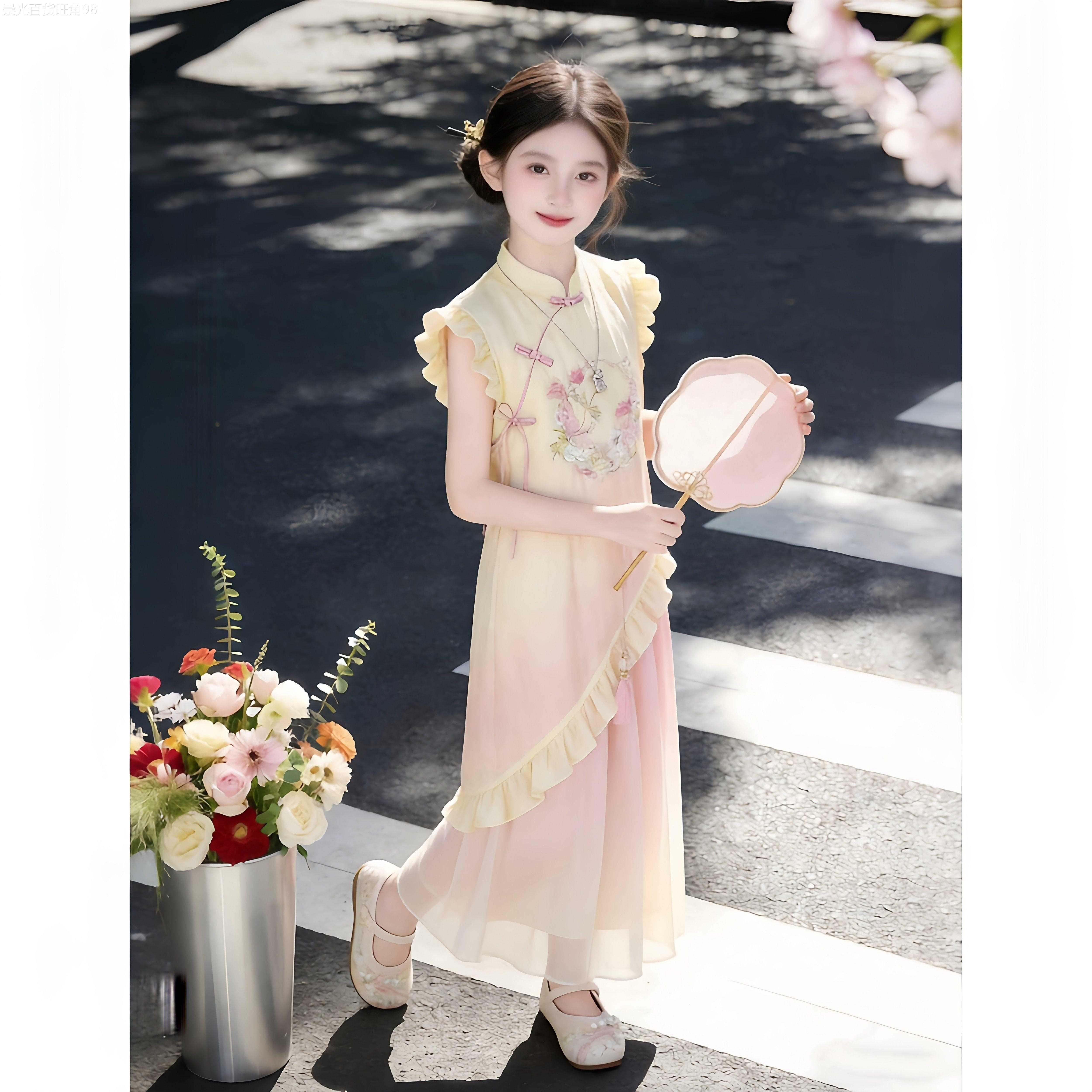 法国BADNUT女童洋装夏季2026新款儿童旗袍裙夏装渐层刺绣公主裙