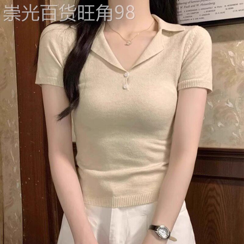 冰丝polo领针织短袖女夏季薄款小个子修身V领T恤正肩短款翻领上衣