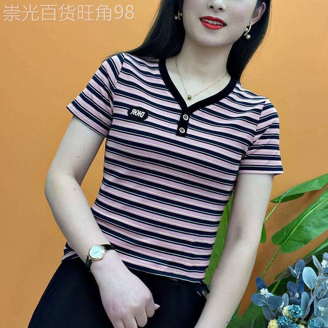 2026夏季新款短袖T恤时尚中年妈妈纯棉透气舒适V领条纹休闲上衣女