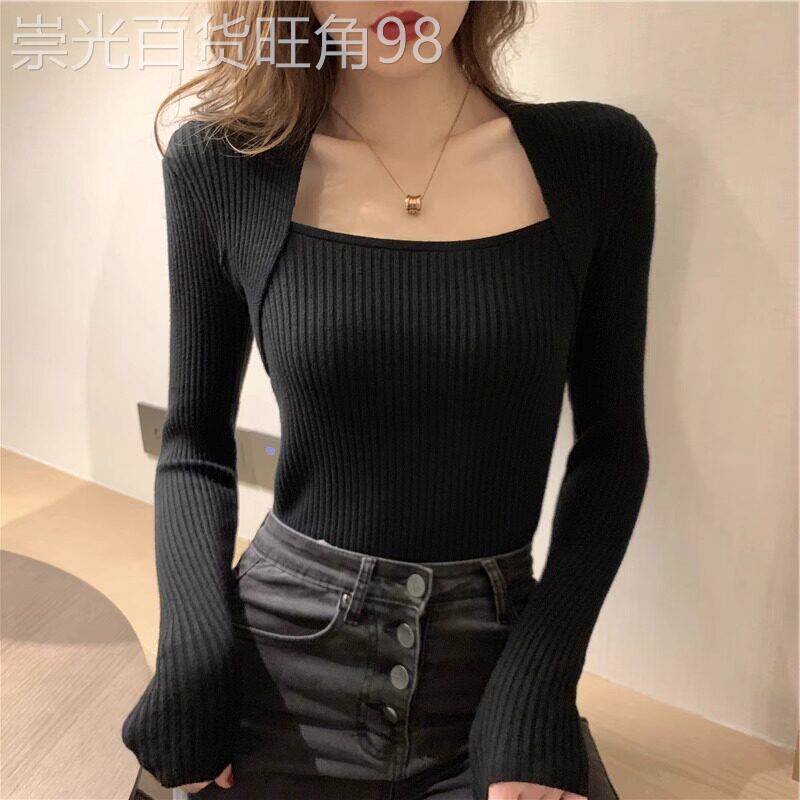 黑色方领打底衫女装春秋洋派内搭露锁骨气质低领上衣针织衫毛衣