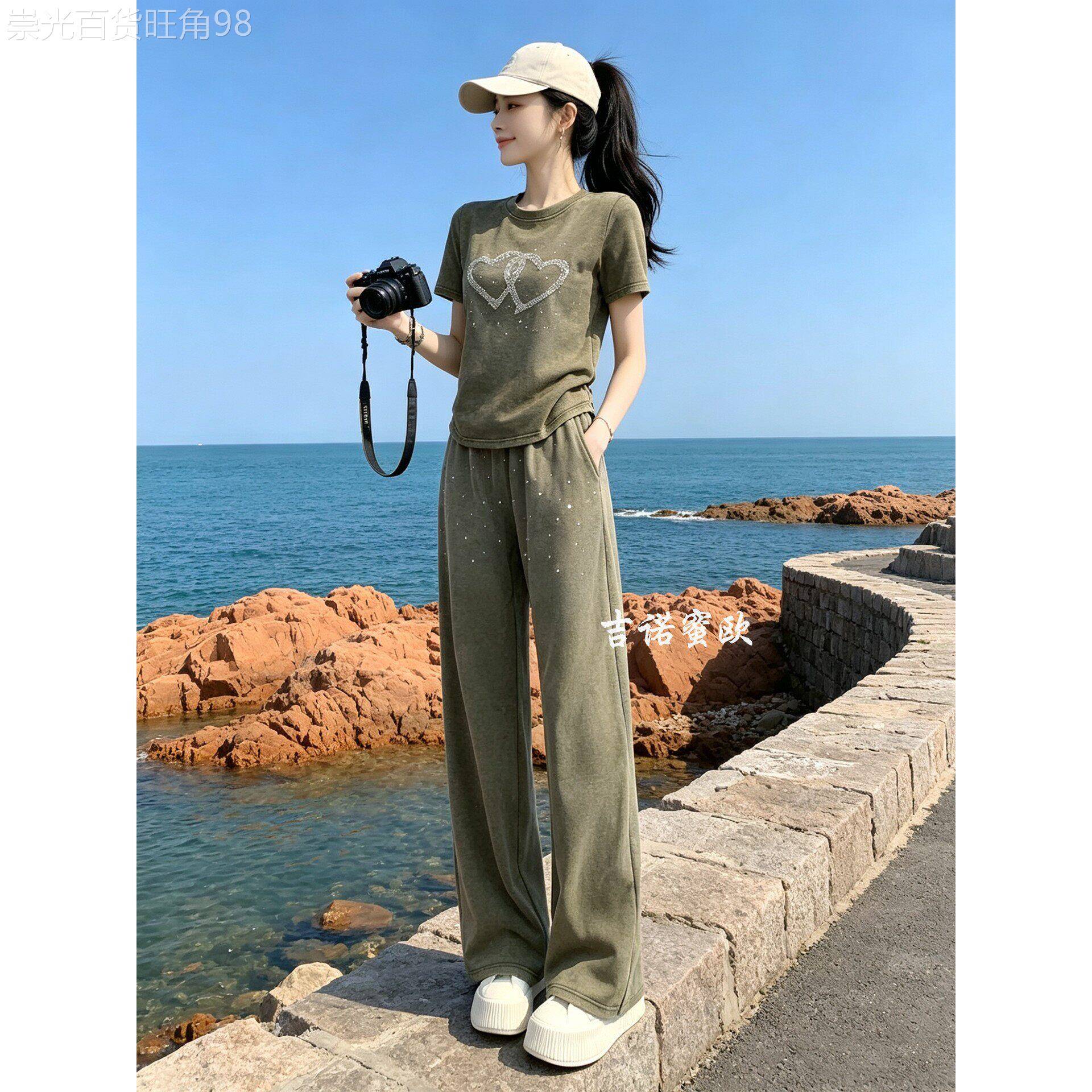 正品2026夏新款休闲运动套装女时尚洋派重工烫钻短袖阔腿裤两件套