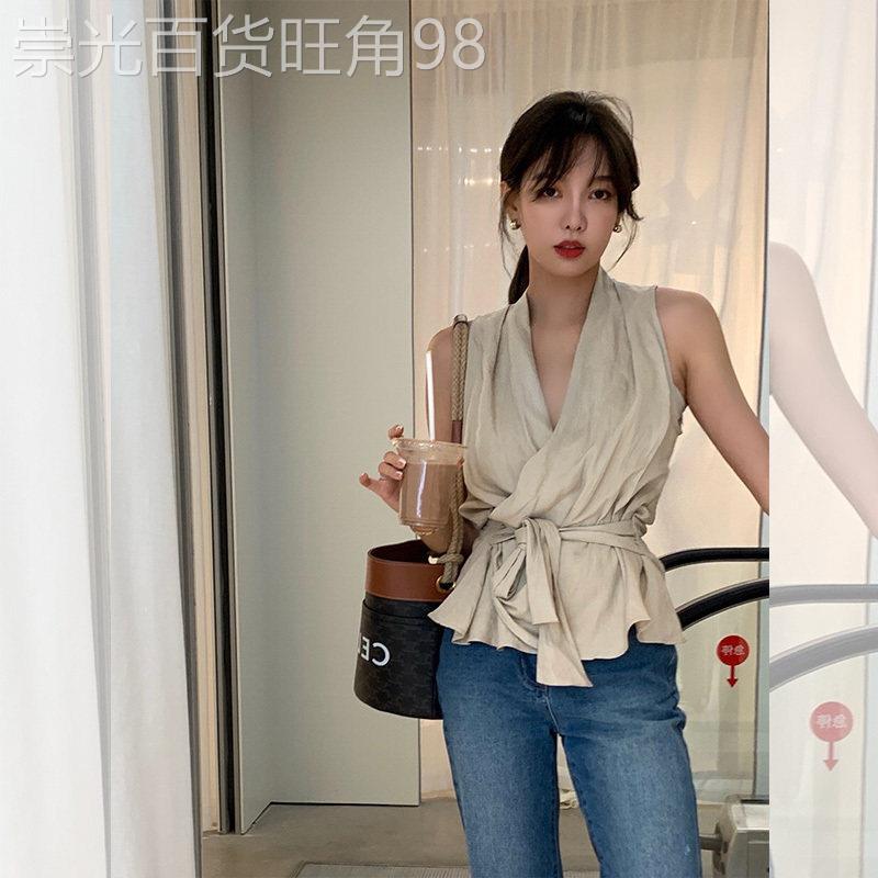 WFYO/2025夏新款V领棉麻收腰辣妹系带挂脖无袖背心高级感衬衫女潮