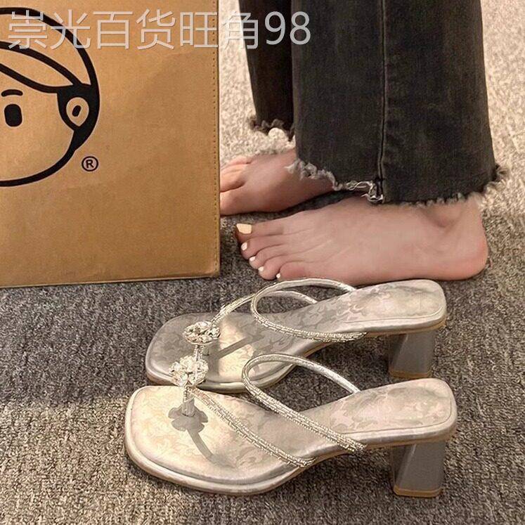 英国真皮法式粗跟凉鞋 女夏外穿增高凉鞋 银色水钻高跟鞋配裙子