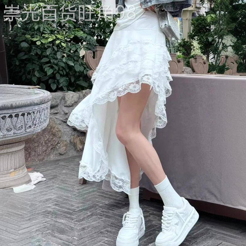 潮牌不规则蕾丝花边半身裙女2026春夏法式设计感松紧腰开叉中长裙