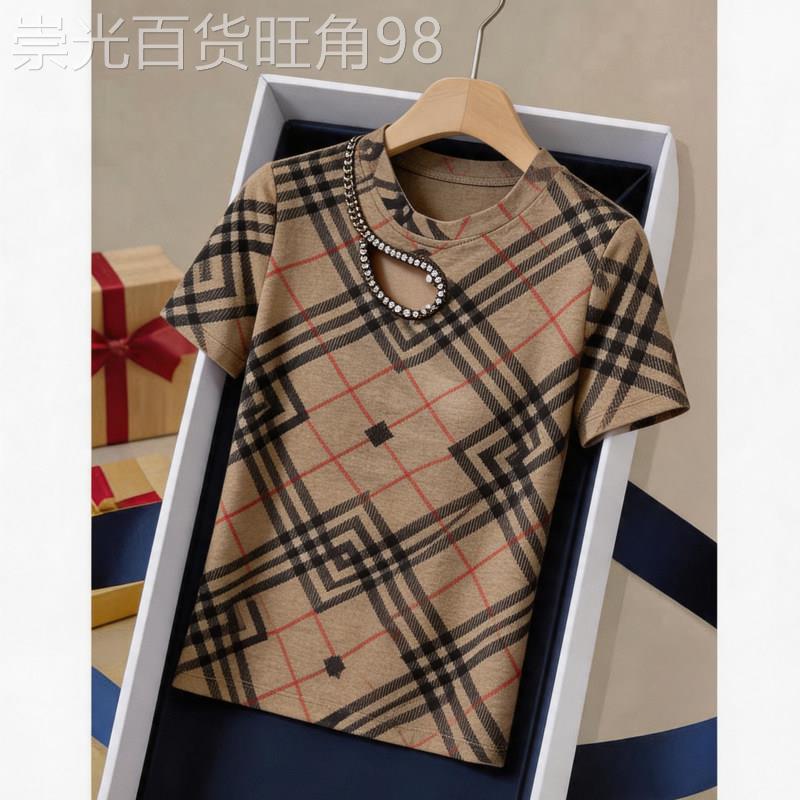 格子短袖T恤女夏季新款欧货时尚洋派性感镂空百搭修身半袖上衣潮