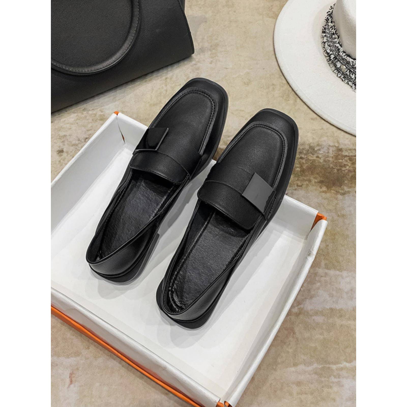 【港风名品】方头软皮小皮鞋女春秋季一脚蹬懒人单鞋英伦风乐福鞋