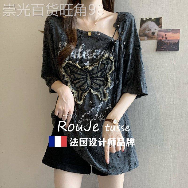 Rouje tusse大尺码遮肚子覆古露肩短袖打底衫女夏宽松显瘦蝴蝶结