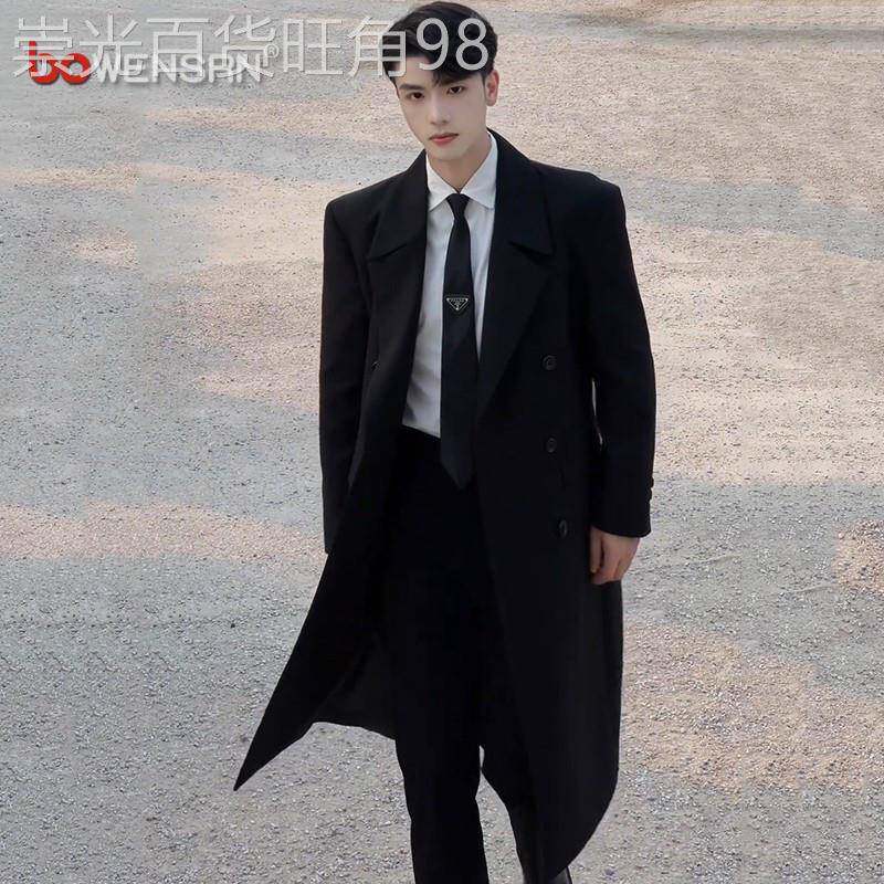 英伦风戗驳领黑色西装风衣外套男士2025新款秋冬季中长款大衣男款