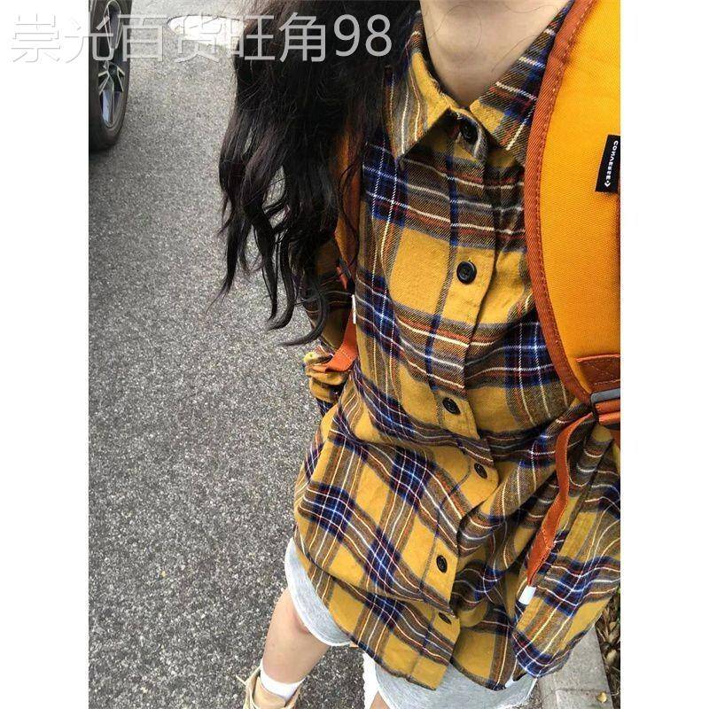 港风复古黄色格子衬衫女春秋新款宽松休闲高级感内搭叠穿衬衫外套
