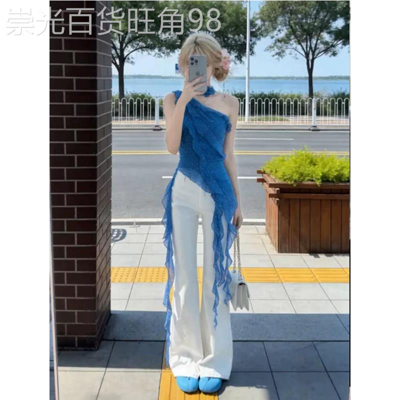 法式蓝色荷叶边飘带斜肩无袖小衫女2026夏季新款欧货设计感上衣潮