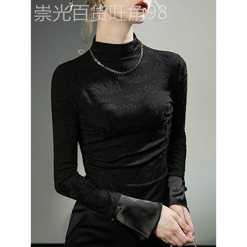 潮牌CVY半高领打底衫女2025秋冬款紧身刺绣蕾丝小衫洋气时髦上衣