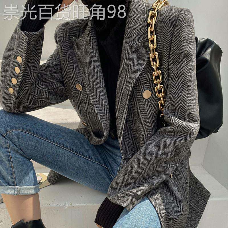 复古人字纹毛呢西装外套女2025秋冬新款韩版高级感中长款修身西服