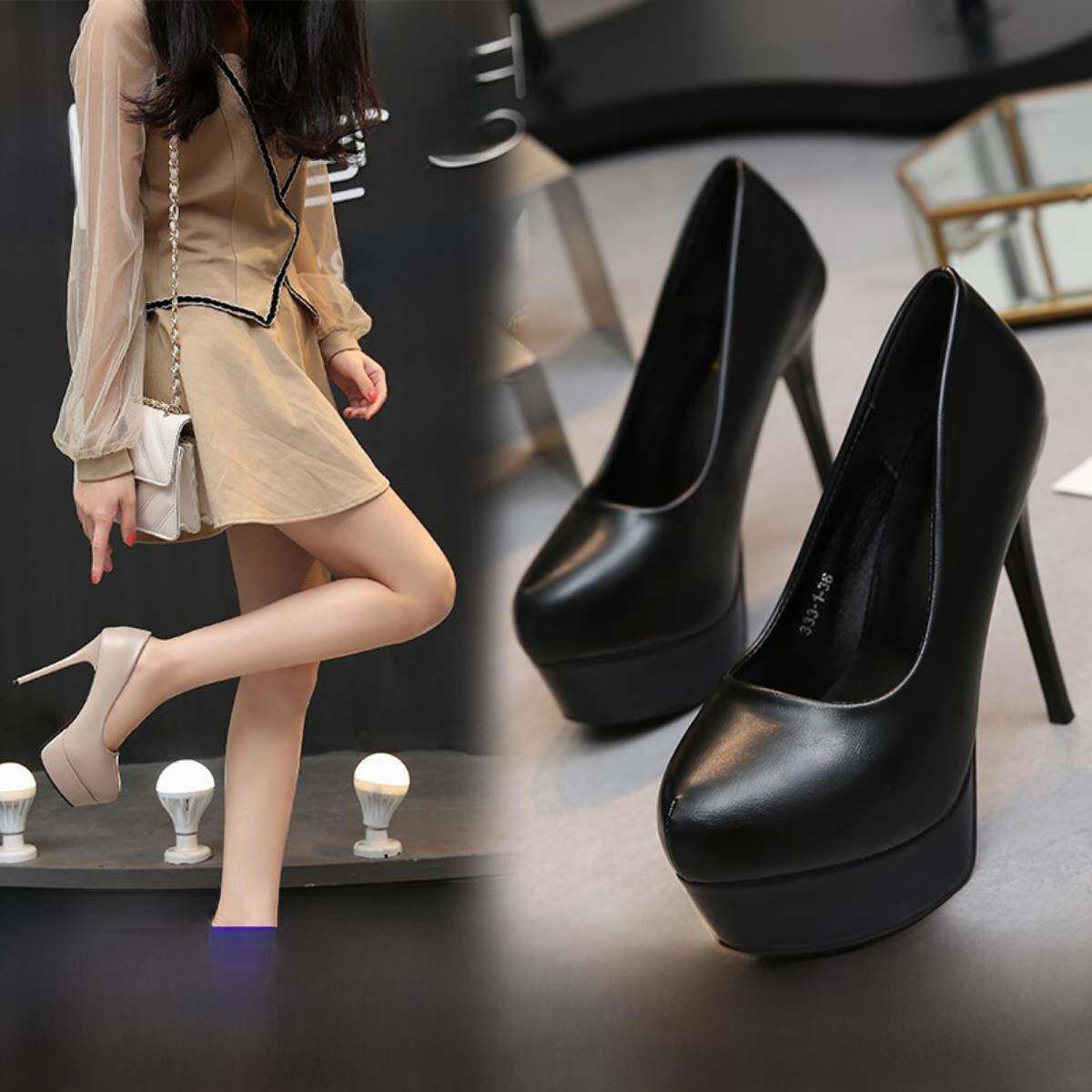 潮牌秋季新款超高跟鞋12cm夜场防水台细跟职业黑色圆头百搭单鞋女