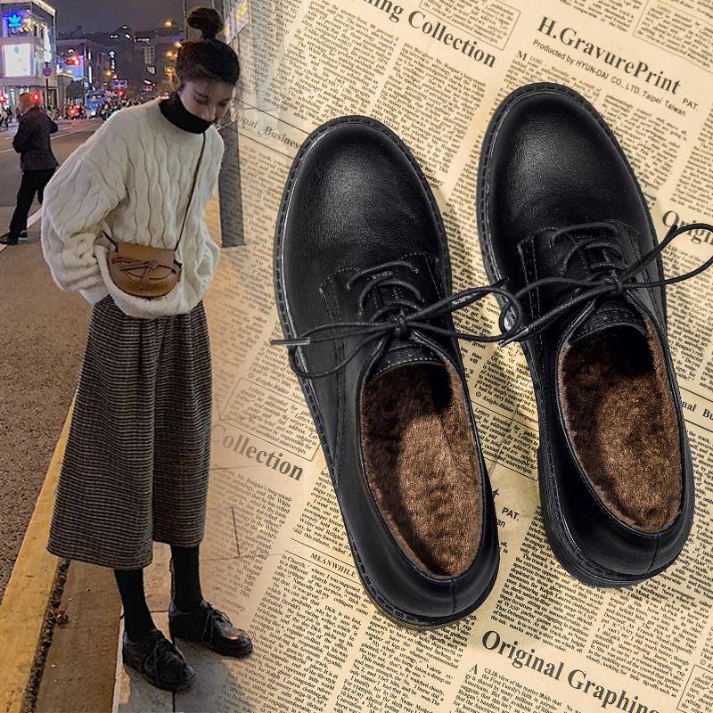 加绒小皮鞋女秋冬季2025年新款包鞋英伦风系带百搭真皮工作女鞋子