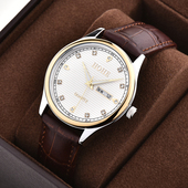 时尚 正品 HOHE手表男士 双历蝴蝶扣皮带防水石英表超薄简约复古男表