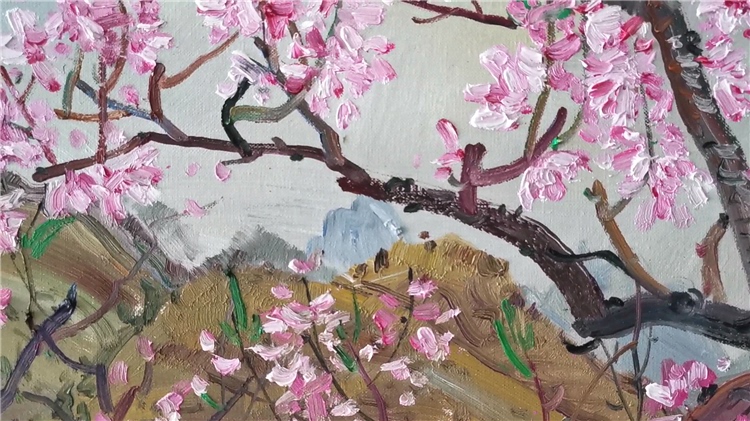 纯手绘原创原画油画桃花桃树桃林山水风景画无框画客厅玄关墙画