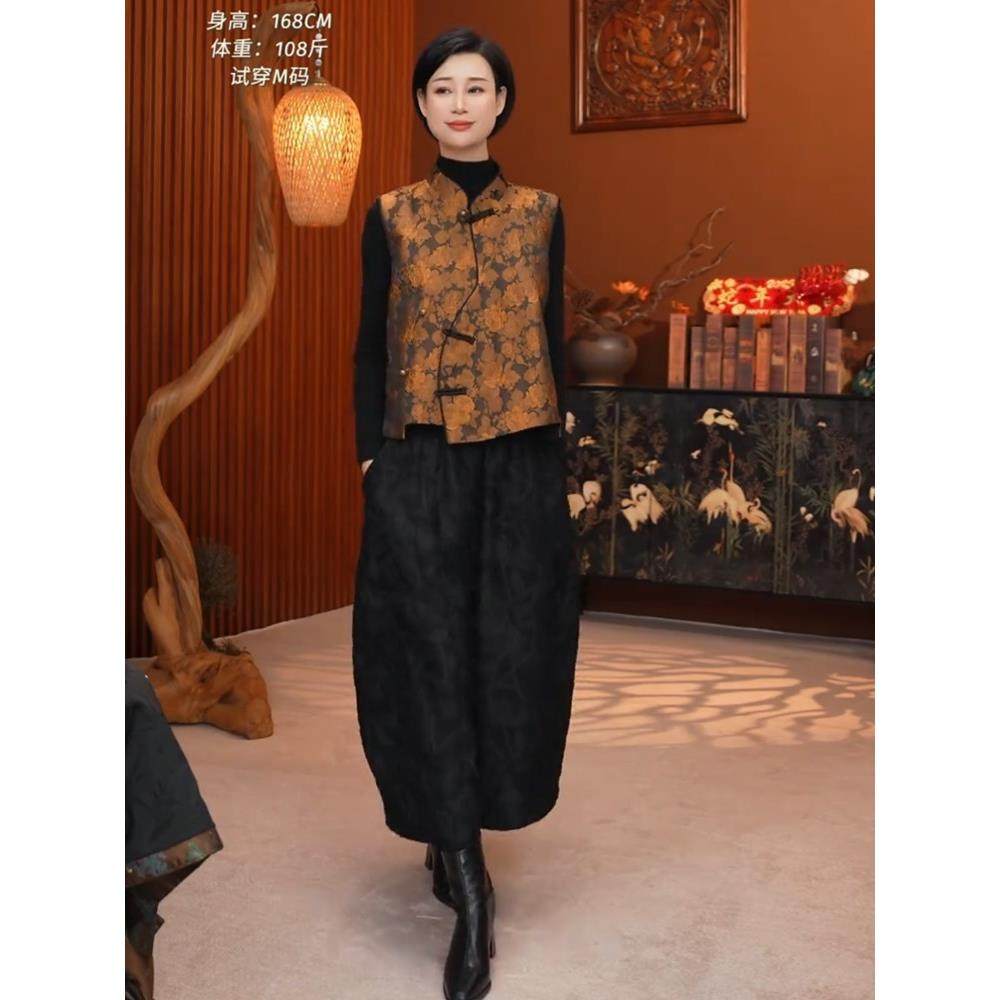 国风香云纱时尚套装女2025春夏新款中式真丝缎提花马夹缎面上衣
