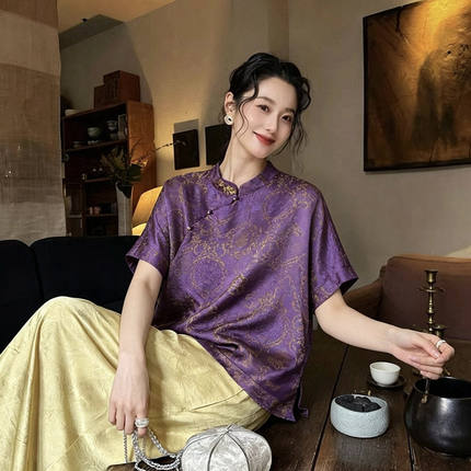 新中式国风立领斜襟暗纹提花短袖上衣女宽松气质衬衫紫色女装