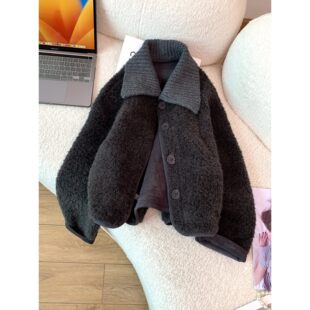 翻领短款羊羔毛黑色外套女加厚冬2026小个子皮毛一体夹克鹿皮绒