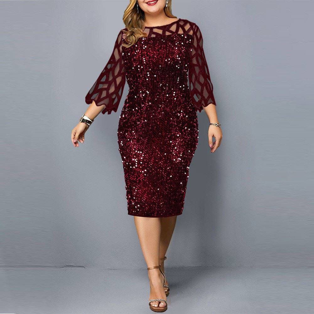 春季亮片大码显瘦连衣裙 Fat Lady Pencil sequins Dress Party
